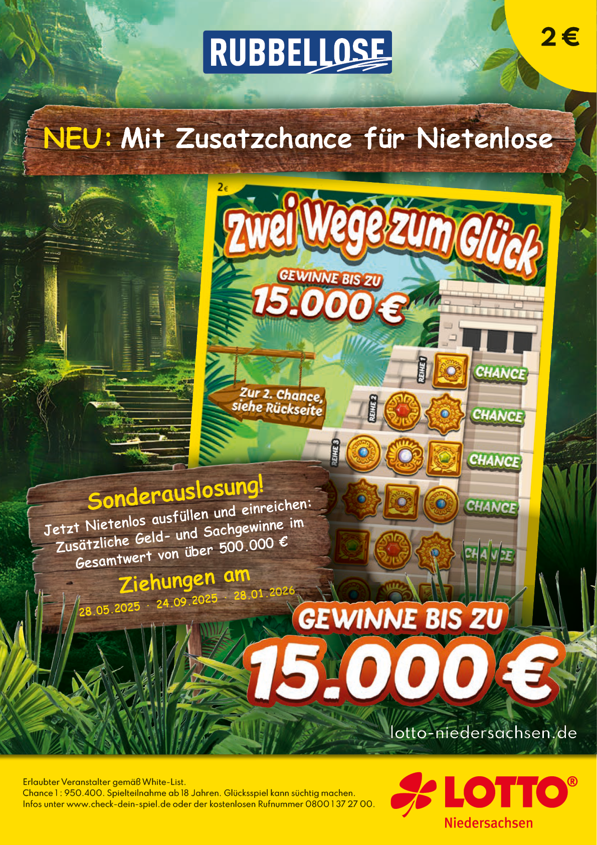 Werbeanzeige f r Rubellose von LOTTO Niedersachsen im Dschungel-Design. Oben steht „NEU: Mit Zusatzchance f r Nietenlose“ auf einem Holzschild. Daneben ein gelbes Preisschild mit „2 €“. Im Mittelpunkt ist ein Motiv des Rubelloses „Zwei Wege zum Gl ck“ mit der m glichen Gewinnsumme „Gewinne bis zu 15.000 €“. Eine R ckseite zeigt losartige Felder und das Wort „CHANCE“. Darunter ein weiteres Holzschild: „Sonderauslosung! Jetzt Nietenlos ausf llen und einreichen: Zus tzliche Geld- und Sachgewinne im Gesamtwert von ber 500.000 €“. Ziehungsdaten: 28.05.2025, 24.09.2025, 28.01.2026. Ganz unten steht noch einmal der m gliche Maximalgewinn und die Webseite „lotto-niedersachsen.de“. Unten rechts das LOTTO Niedersachsen Logo. Im Hintergrund ist ein gr n bewachsener Tempel im Dschungel zu sehen.