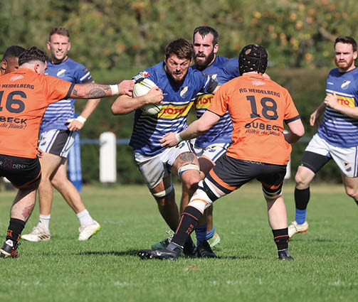 Das Bild zeigt eine Rugby-Szene mit Spielern in blauen und orangefarbenen Trikots. Ein Spieler in Blau h lt den Ball fest in beiden H nden und scheint sich durch die gegnerische Verteidigung zu k mpfen. Auf seinem Oberschenkel ist eine T towierung sichtbar. Die Spieler in den orangefarbenen Trikots tragen die Aufschrift “RG HEIDELBERG" und die Nummern 16 und 18. Einige Spieler tragen Kopfbedeckungen und Bandagen. 
