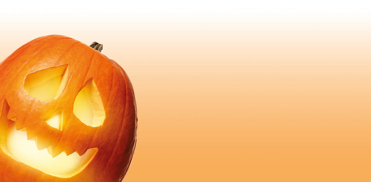 Halloween poster design with peeking jack-o-lantern against pale orange background. Space for text