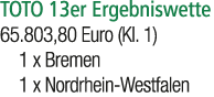 TOTO 13er Ergebniswette 65.803,80 Euro (Kl. 1) 1 x Bremen 1 x Nordrhein Westfalen 