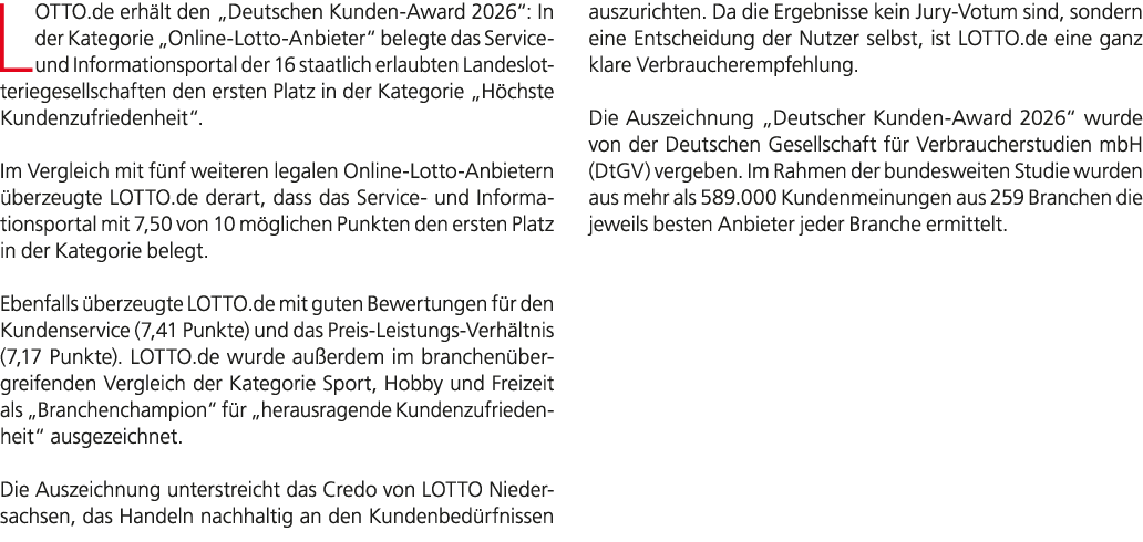 LOTTO.de erh lt den „Deutschen Kunden Award 2026“: In der Kategorie „Online Lotto Anbieter“ belegte das Service und I...