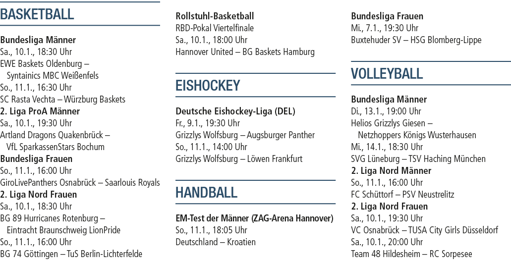 BASKETBALL Bundesliga M nner Sa., 10.1., 18:30 Uhr EWE Baskets Oldenburg – Syntainics MBC Wei enfels So., 11.1., 16:3...