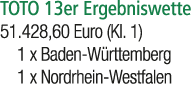 TOTO 13er Ergebniswette 51.428,60 Euro (Kl. 1) 1 x Baden W rttemberg 1 x Nordrhein Westfalen 