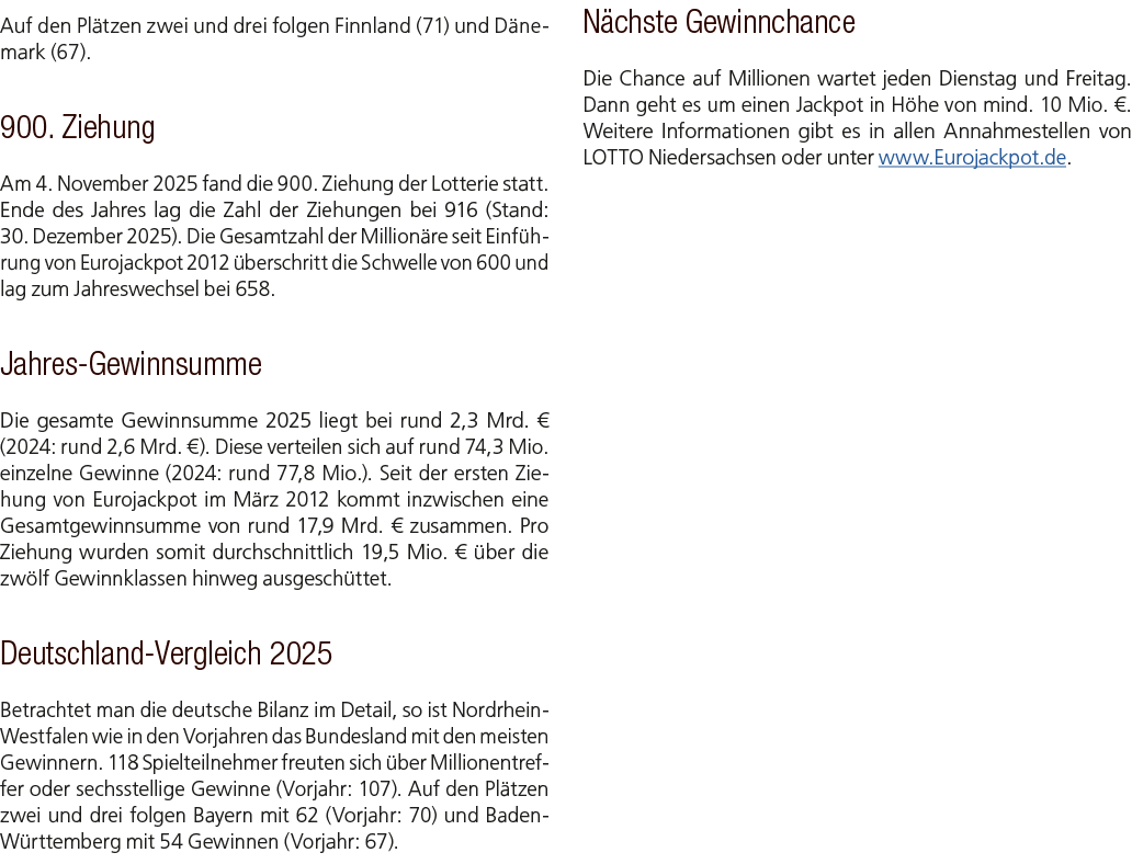 Auf den Pl tzen zwei und drei folgen Finnland (71) und D nemark (67). 900. Ziehung Am 4. November 2025 fand die 900. ...