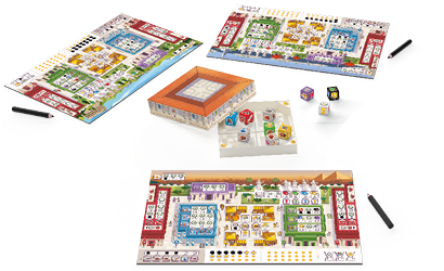 Drei Spielpl ne mit farbigen Bereichen, einem W rfelbecher mit mehreren W rfeln und drei schwarzen Stiften auf wei em Untergrund