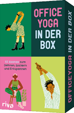 Illustrationen von zwei Personen in Yoga-Posen auf gr nem und rosa Hintergrund mit dem Text 'OFFICE YOGA IN DER BOX' und '52 Asanas zum Dehnen, Lockern und Entspannen'