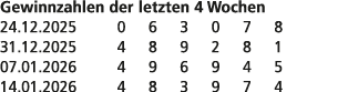 Gewinnzahlen der letzten 4 Wochen 24.12.2025 0 6 3 0 7 8 31.12.2025 4 8 9 2 8 1 07.01.2026 4 9 6 9 4 5 14.01.2026 4 8...