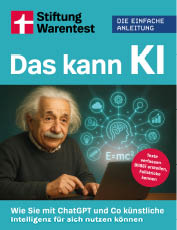 Buchcover mit dem Titel 'Das kann KI' von Stiftung Warentest und dem Untertitel 'Wie Sie mit ChatGPT und Co k nstliche Intelligenz f r sich nutzen k nnen' sowie einer Illustration von Symbolen f r k nstliche Intelligenz ber einem Laptop.