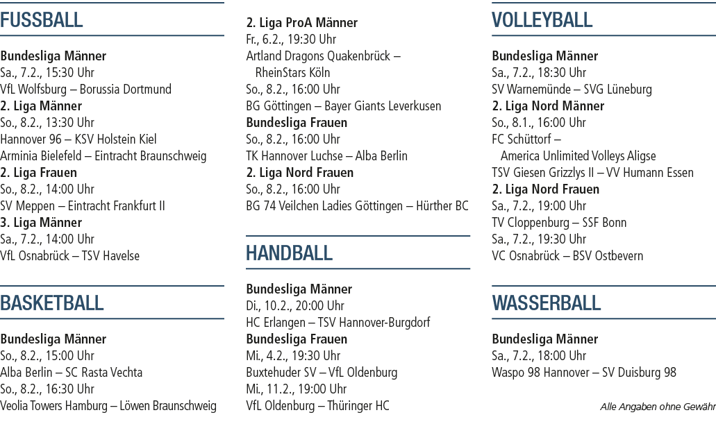 FUSSBALL Bundesliga M nner Sa., 7.2., 15:30 Uhr VfL Wolfsburg – Borussia Dortmund 2. Liga M nner So., 8.2., 13:30 Uhr...