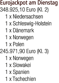 Eurojackpot am Dienstag 348.925,10 Euro (Kl. 2) 1 x Niedersachsen 1 x Schleswig Holstein 1 x D nemark 1 x Norwegen 1 ...