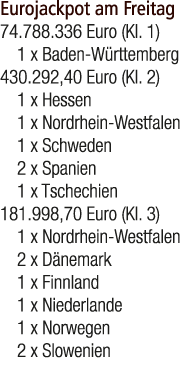 Eurojackpot am Freitag 74.788.336 Euro (Kl. 1) 1 x Baden W rttemberg 430.292,40 Euro (Kl. 2) 1 x Hessen 1 x Nordrhein...