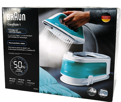 Verpackung einer Braun CareStyle 1 Dampfb gelstation mit Hand, die das B geleisen h lt und Dampf auf ein Kleidungsst ck abgibt
