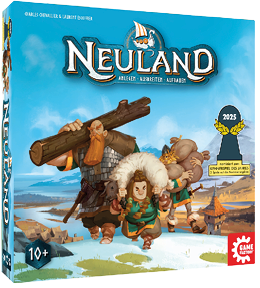 Ein buntes Coverbild f r das Brettspiel „Neuland“ zeigt drei Comic‑Wikinger, die in einer verschneiten Landschaft h gelaufw rts gehen. Der gro e Wikinger links tr gt einen dicken Baumstamm auf der Schulter, die vordere Person tr gt ein wei es Fell um den Hals und die rechte Figur schleppt mehrere S cke. ber den Figuren steht der Spieltitel „NEULAND“ in gro en, wei en Buchstaben auf blauem Himmelhintergrund. Auf der rechten Seite ist ein schwarzer Auszeichnungs‑Stempel mit „2025“ und dem Hinweis auf eine Nominierung angebracht. Unten links steht die Altersangabe „10+“, unten rechts ist das rote Verlagslogo „Game Factory“.