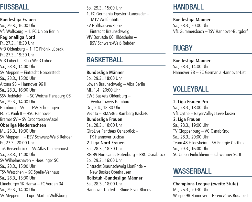 FUSSBALL Bundesliga Frauen So., 29.3., 16:00 Uhr VfL Wolfsburg – 1. FC Union Berlin Regionalliga Nord Fr., 27.3., 18:...