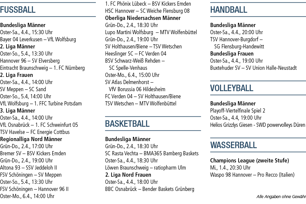 FUSSBALL Bundesliga M nner Oster Sa., 4.4., 15:30 Uhr Bayer 04 Leverkusen – VfL Wolfsburg 2. Liga M nner Oster So., 5...