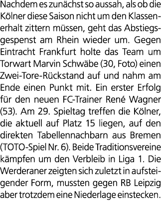 Nachdem es zun chst so aussah, als ob die K lner diese Saison nicht um den Klassenerhalt zittern m ssen, geht das Abs...