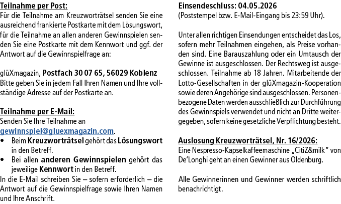 Teilnahme per Post: F r die Teilnahme am Kreuzwortr tsel senden Sie eine ausreichend frankierte Postkarte mit dem L s...
