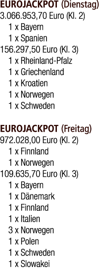 EUROJACKPOT (Dienstag) 3.066.953,70 Euro (Kl. 2) 1 x Bayern 1 x Spanien 156.297,50 Euro (Kl. 3) 1 x Rheinland Pfalz 1...