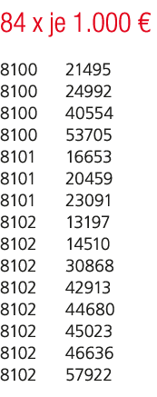 84 x je 1.000 € 8100 21495 8100 24992 8100 40554 8100 53705 8101 16653 8101 20459 8101 23091 8102 13197 8102 14510 81...