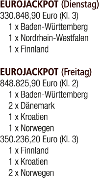 EUROJACKPOT (Dienstag) 330.848,90 Euro (Kl. 3) 1 x Baden W rttemberg 1 x Nordrhein Westfalen 1 x Finnland EUROJACKPOT...