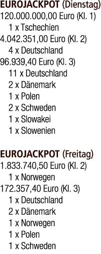 EUROJACKPOT (Dienstag) 120.000.000,00 Euro (Kl. 1) 1 x Tschechien 4.042.351,00 Euro (Kl. 2) 4 x Deutschland 96.939,40...
