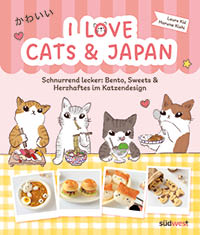 Vier gezeichnete Katzen sitzen an einem Tisch mit japanisch inspirierten Speisen und darunter sind Fotos von niedlich gestalteten Bento-Gerichten und S igkeiten zu sehen.  Beschreibung von KI generiert