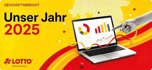 Gesch ftsbericht 2025 von Lotto Niedersachsen zeigt eine Hand, die auf einem Laptop mit bunten Diagrammen und Grafiken zeigt, vor einem gelb-roten Hintergrund. Beschreibung von KI generiert