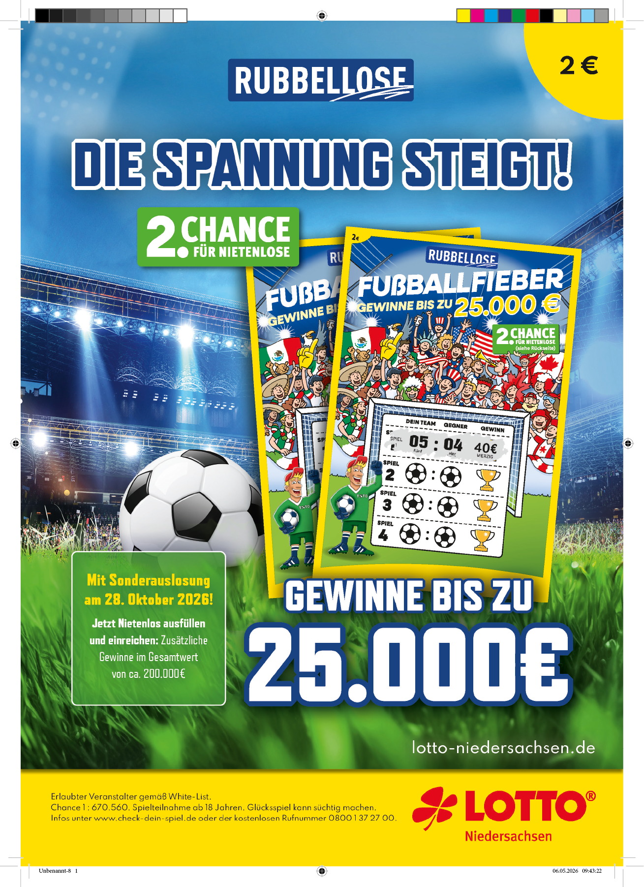 Werbung f r ein Rubbellos mit Fu ballmotiv und der Chance auf einen hohen Gewinn, dargestellt vor einem beleuchteten Stadionhintergrund mit einem Fu ball auf dem Rasen. Beschreibung von KI generiert