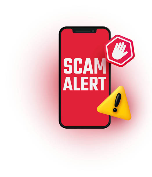 Ein Smartphone zeigt die Warnung „SCAM ALERT“ mit einem Stoppschild und einem gelben Warnsymbol. Beschreibung von KI generiert