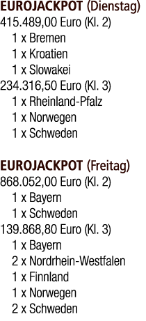 EUROJACKPOT (Dienstag) 415.489,00 Euro (Kl. 2) 1 x Bremen 1 x Kroatien 1 x Slowakei 234.316,50 Euro (Kl. 3) 1 x Rhein...