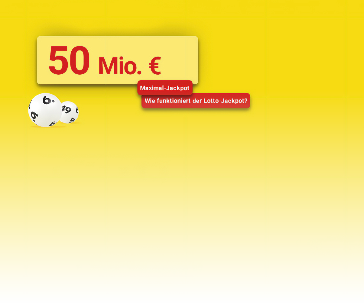 Ein gelber Hintergrund zeigt eine Anzeige mit der roten Zahl 50 Mio. € und zwei wei en Lotto-Kugeln mit schwarzen Zahlen. Beschreibung von KI generiert