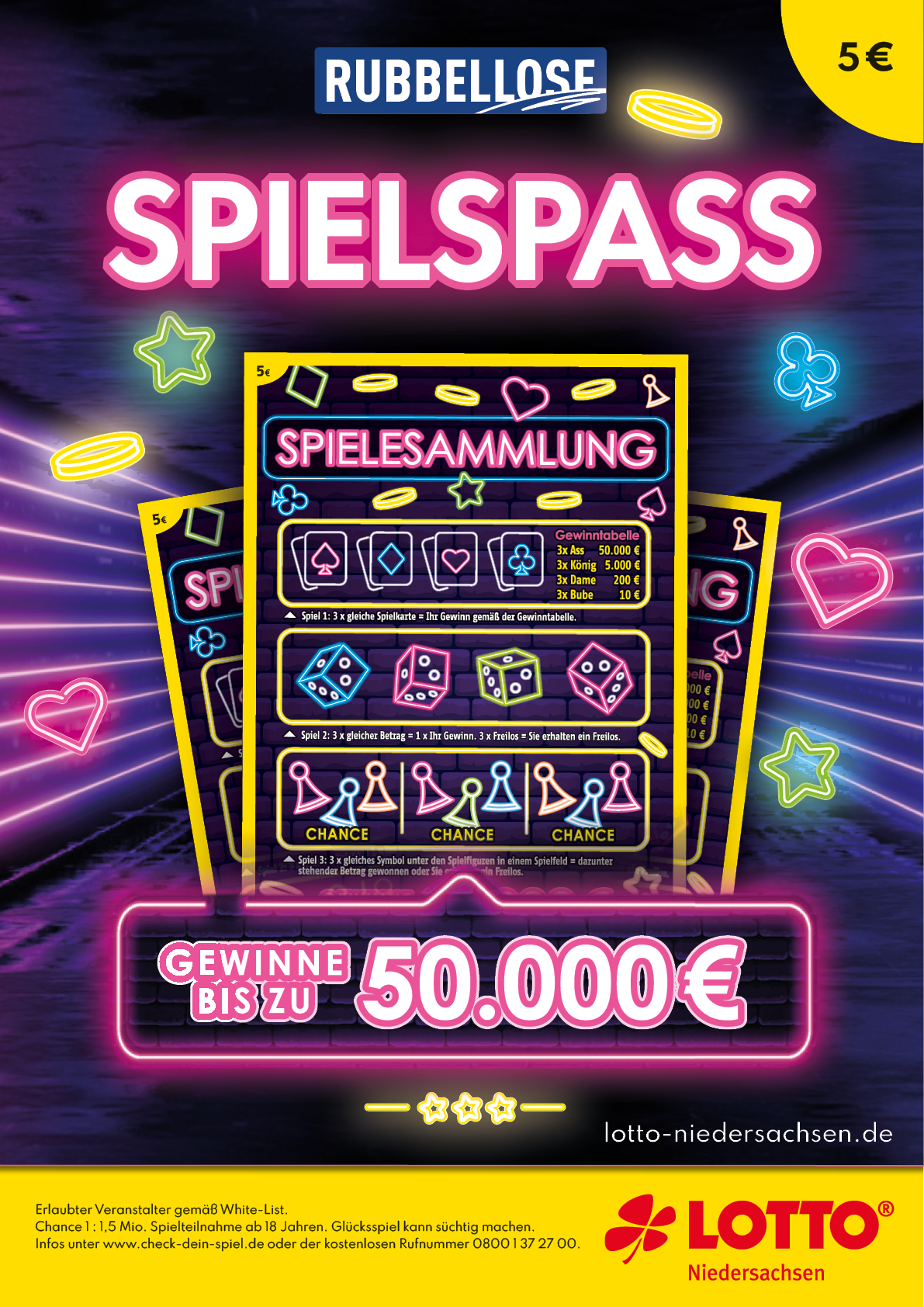 Werbelos mit leuchtendem Neon-Design und dem Text Spielspa , das eine Gewinnchance von bis zu 50.000 Euro bei Lotto Niedersachsen f r 5 Euro zeigt. Beschreibung von KI generiert