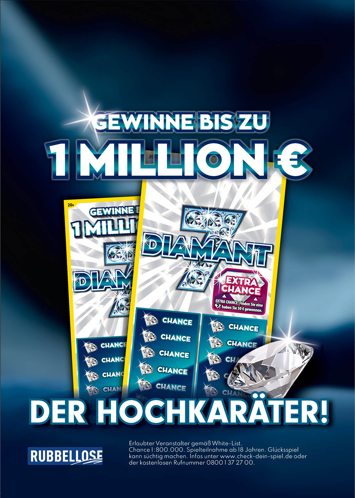 Gewinnspielanzeige f r ein Rubellos mit der Chance auf bis zu eine Million Euro und einem gro en Diamanten als Hauptgewinn vor einem dunklen, funkelnden Hintergrund. Beschreibung von KI generiert