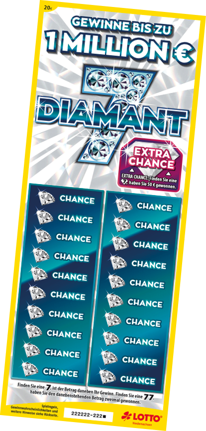 Gewinnspielkarte mit der Aufschrift „Gewinne bis zu 1 Million Euro“ und dem Titel „Diamant 7“ mit mehreren Gewinnchancen und einem Hinweis auf eine Extra-Chance. Beschreibung von KI generiert