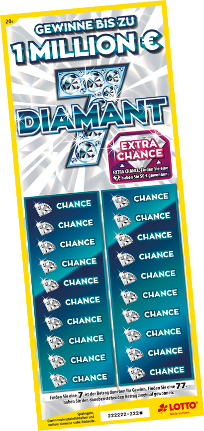 Gewinnspielkarte mit der Aufschrift „Gewinne bis zu 1 Million Euro“ und dem Titel „Diamant 7“ mit mehreren Gewinnchancen und einem Hinweis auf eine Extra-Chance. Beschreibung von KI generiert