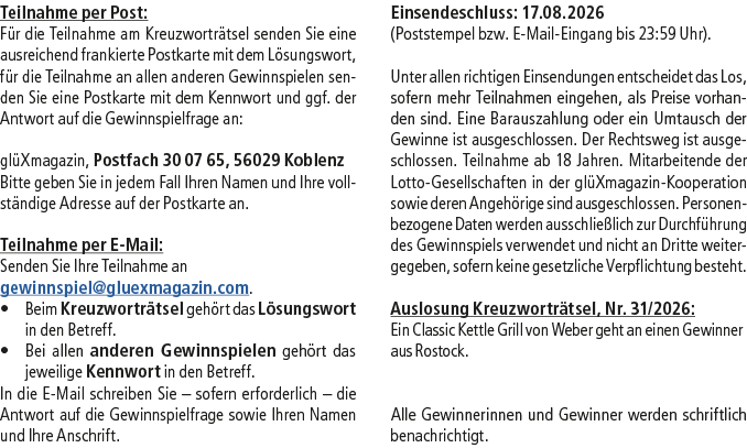 Teilnahme per Post: F r die Teilnahme am Kreuzwortr tsel senden Sie eine ausreichend frankierte Postkarte mit dem L s...