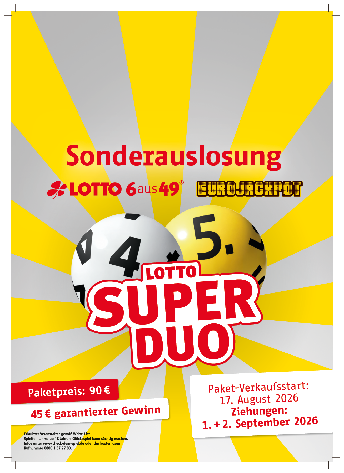 Werbung f r eine Sonderauslosung des Lotto Super Duo mit zwei gro en Lotteriekugeln vor gelb-wei em Strahlenhintergrund und Informationen zu Paketpreis, Gewinn und Verkaufsstart. Beschreibung von KI generiert