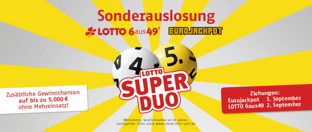 Werbung f r eine Sonderauslosung des Lotto Super Duo mit Gewinnchancen und Ziehungsdaten vor einem gelb-wei en Strahlenhintergrund. Beschreibung von KI generiert