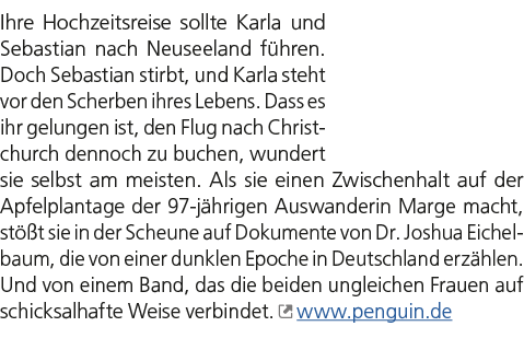 Ihre Hochzeitsreise sollte Karla und Sebastian nach Neuseeland f hren. Doch Sebastian stirbt, und Karla steht vor den...