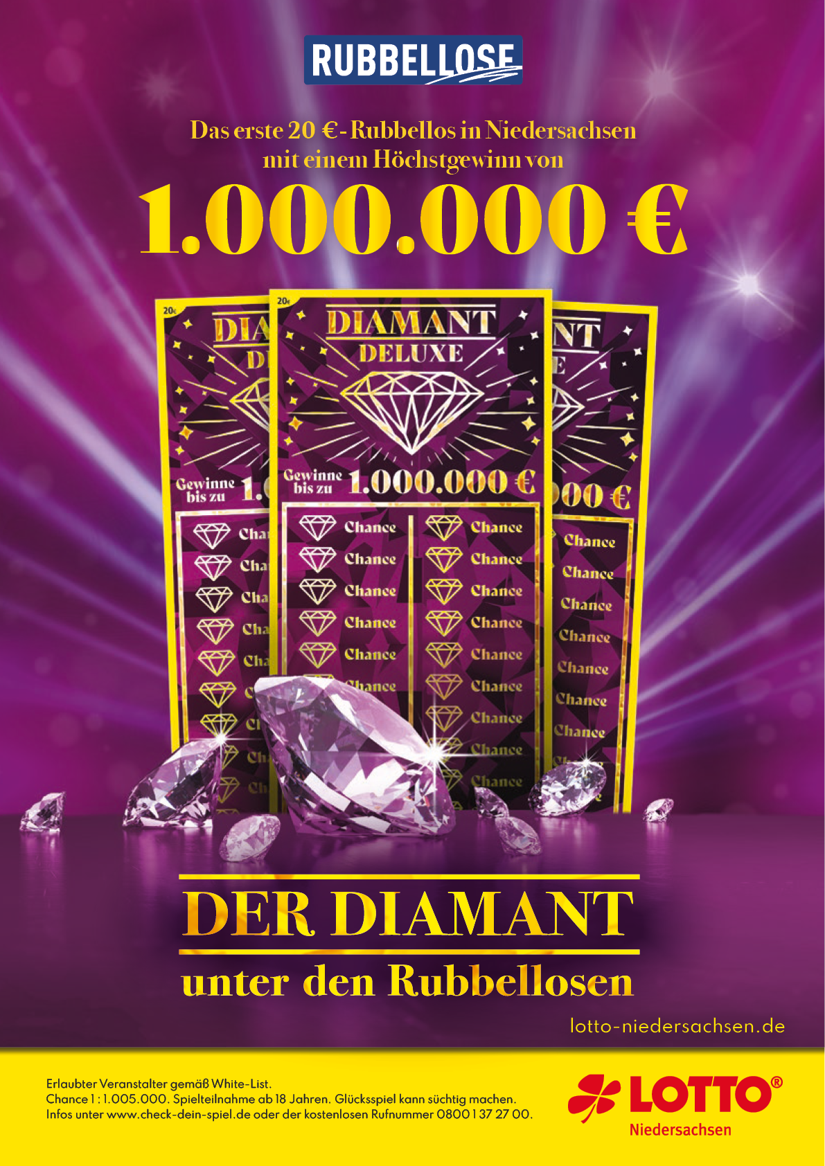 Werbung f r einen Rubellos mit der Chance auf einen hohen Geldgewinn, dargestellt mit funkelnden Diamanten und leuchtendem Hintergrund. Beschreibung von KI generiert
