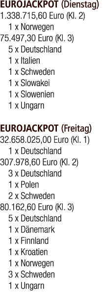 EUROJACKPOT (Dienstag) 1.338.715,60 Euro (Kl. 2) 1 x Norwegen 75.497,30 Euro (Kl. 3) 5 x Deutschland 1 x Italien 1 x ...