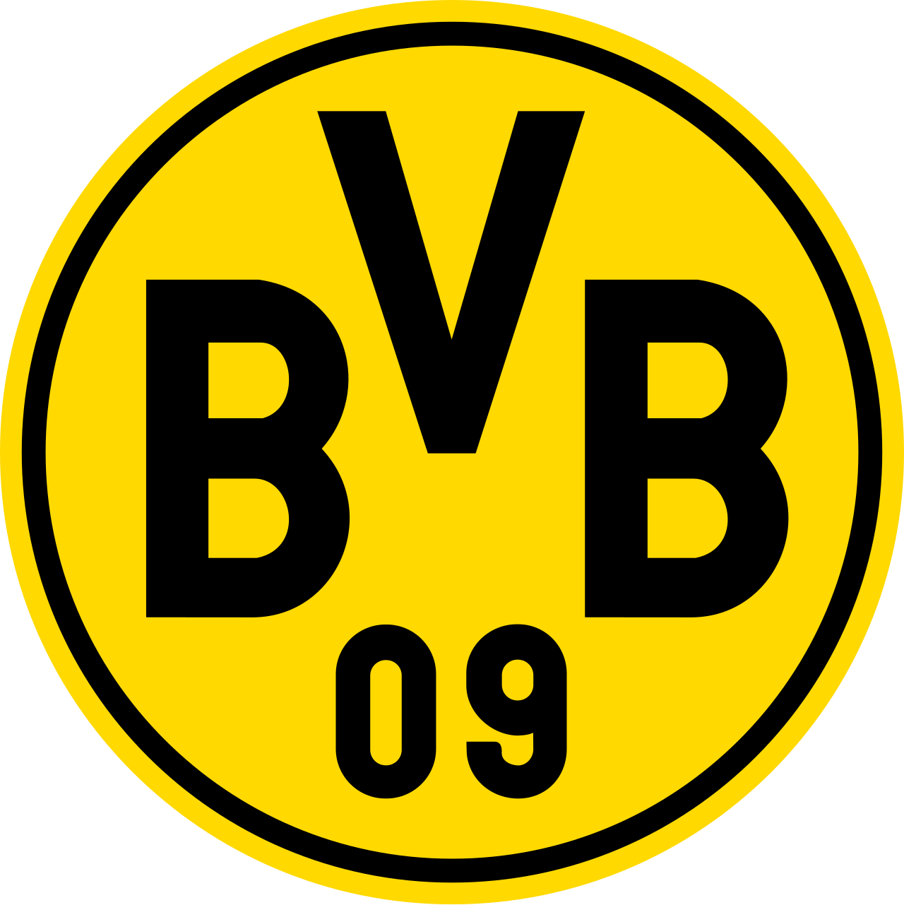 Das gelbe Logo zeigt die schwarzen Buchstaben BVB und darunter die Zahl 09 in einem doppelten schwarzen Kreis. Beschreibung von KI generiert