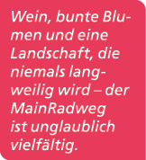 Wein, bunte Blumen und eine Landschaft, die niemals langweilig wird – der MainRadweg ist unglaublich vielf ltig. 