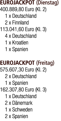 EUROJACKPOT (Dienstag) 400.889,80 Euro (Kl. 2) 1 x Deutschland 2 x Finnland 113.041,60 Euro (Kl. 3) 4 x Deutschland 1...