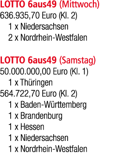 LOTTO 6aus49 (Mittwoch) 636.935,70 Euro (Kl. 2) 1 x Niedersachsen 2 x Nordrhein Westfalen LOTTO 6aus49 (Samstag) 50.0...