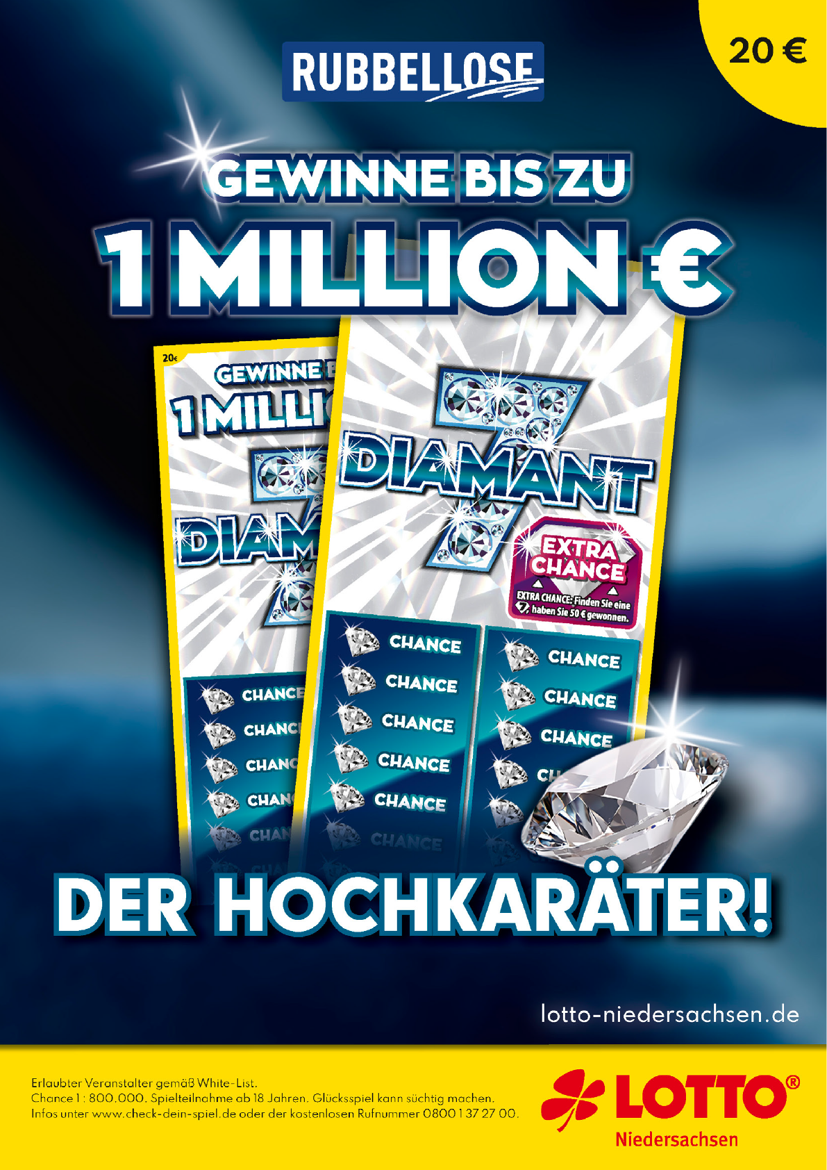 Werbung f r ein Rubellos mit der Chance auf bis zu eine Million Euro Gewinn und einem gro en Diamanten als Motiv. Beschreibung von KI generiert