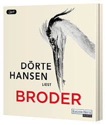 Das Cover zeigt den Titel “Broder" in roten Buchstaben, den Namen D rte Hansen in Schwarz und eine detaillierte Zeichnung eines Vogels mit langem Schnabel. Beschreibung von KI generiert