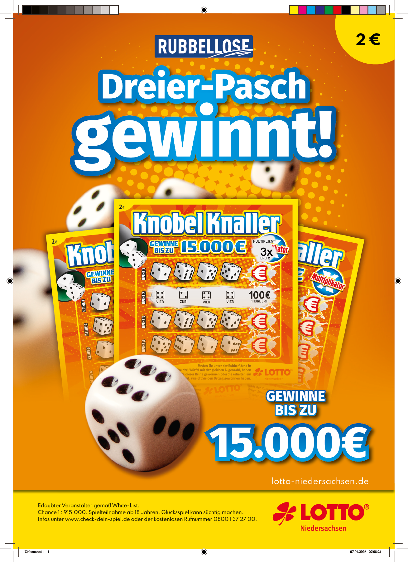 Werbung f r ein Rubbel-Lotto-Spiel mit W rfeln und der Chance auf einen hohen Geldgewinn. Beschreibung von KI generiert