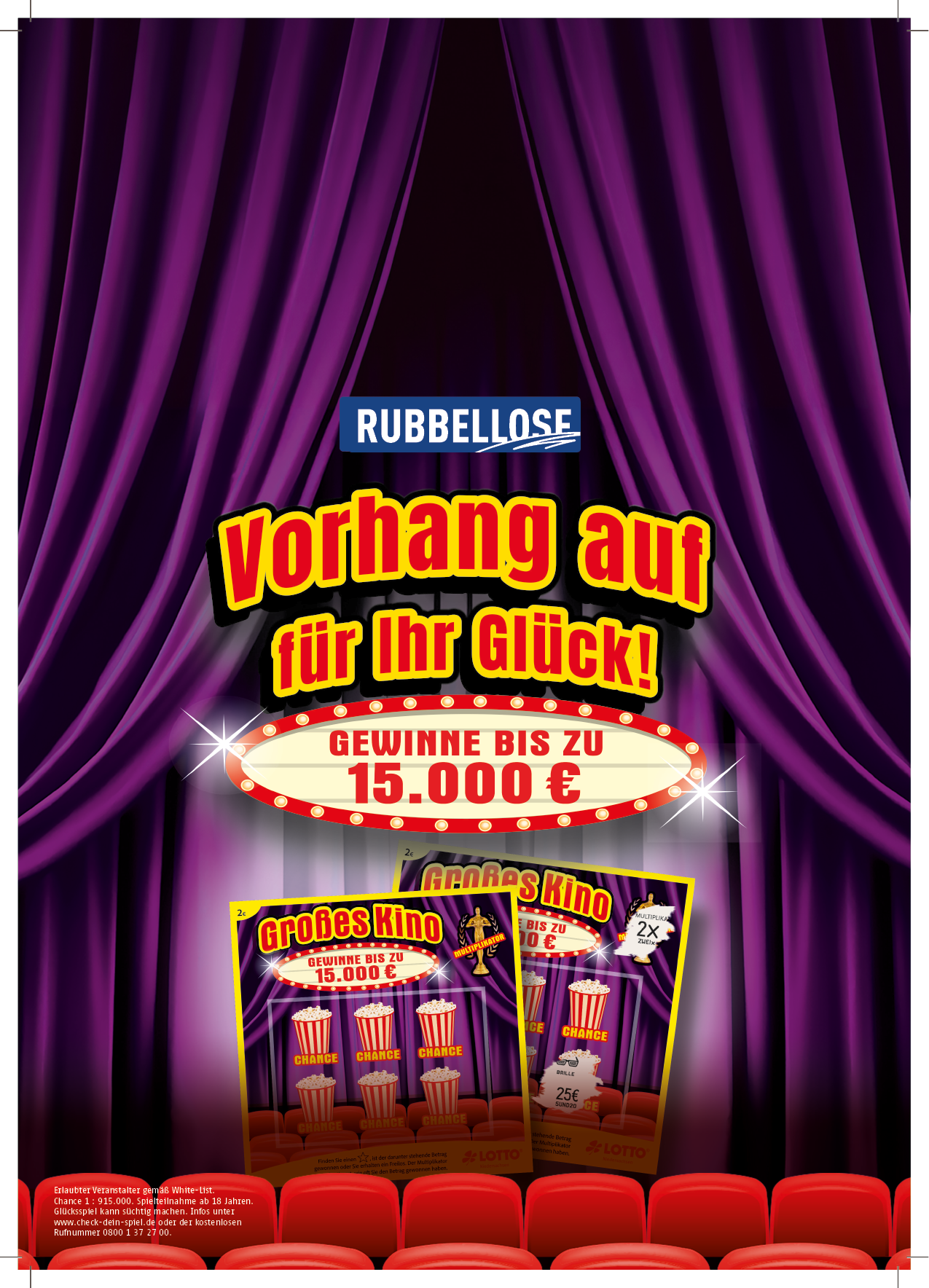 Vorhang mit Werbung f r ein Gewinnspiel mit bis zu 15.000 Euro und zwei Kinokarten vor roten Kinosesseln. Beschreibung von KI generiert