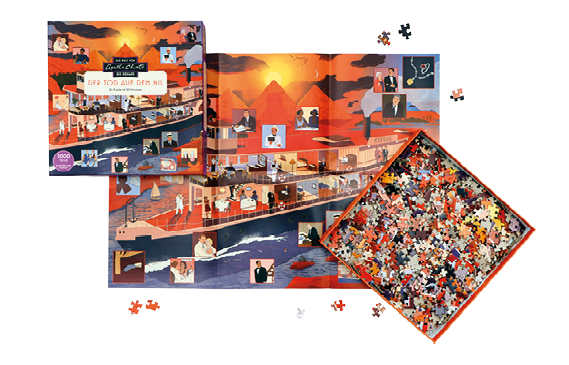 Ein Puzzle mit einem farbenfrohen Bild von Menschen in einem modernen, mehrst ckigen Geb ude vor einer Landschaft mit Bergen und Wasser, wobei einige Puzzleteile bereits zusammengesetzt sind und andere noch lose liegen. Beschreibung von KI generiert